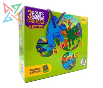 ROMPECABEZAS PUZZLE BARCO DE PAPEL: CIRCULARES de MADERA x 3 (De 34 y 22 piezas) - Dinosaurios (Incluye Libro de Actividades)