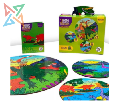 ROMPECABEZAS PUZZLE BARCO DE PAPEL: CIRCULARES de MADERA x 3 (De 34 y 22 piezas) - Dinosaurios (Incluye Libro de Actividades) - Imagen 2