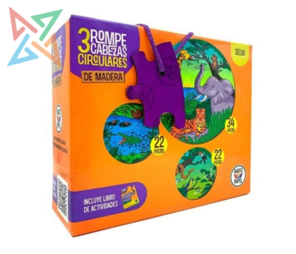 ROMPECABEZAS PUZZLE BARCO DE PAPEL: CIRCULARES de MADERA x 3 (De 34 y 22 piezas) - Selva (Incluye Libro de Actividades)