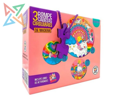 ROMPECABEZAS PUZZLE BARCO DE PAPEL: CIRCULARES de MADERA x 3 (De 34 y 22 piezas) - Unicornios (Incluye Libro de Actividades)
