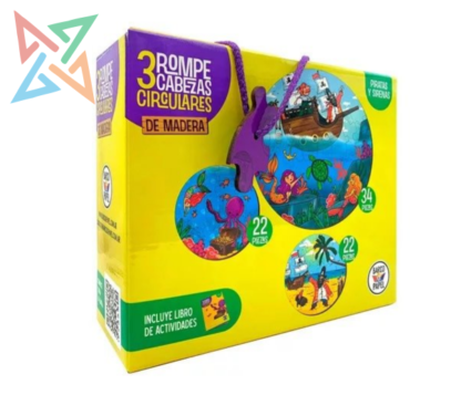 ROMPECABEZAS PUZZLE BARCO DE PAPEL: CIRCULARES de MADERA x 3 (De 34 y 22 piezas) - Piratas y Sirenas (Incluye Libro de Actividades)