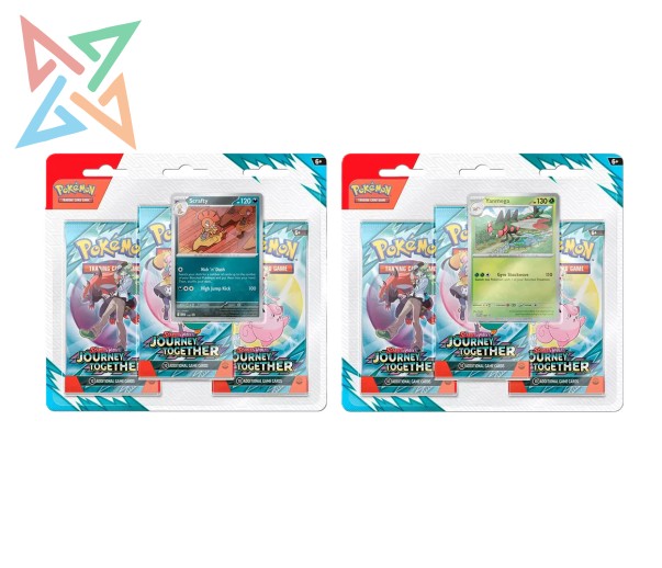 POKÉMON TCG - Scarlet & Violet - JOURNEY TOGETHER: 3 Pack Blister (Yanmega o Scrafty) (en Inglés)